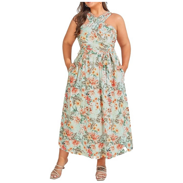 Women's Plus Size Maxi Sleeveless Dress W/ Pockets & Belt