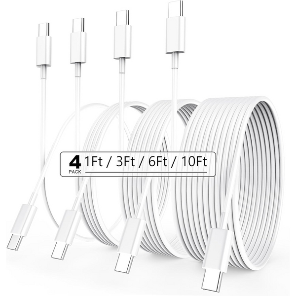 4-Pack 60w USB-C To USB-C Cables (1/3/6/10 Ft)