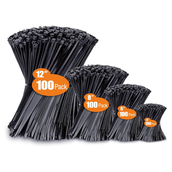 400-Pack Assorted Sizes UV Resistant Zip Wire Ties (4"/6"/8"/12")