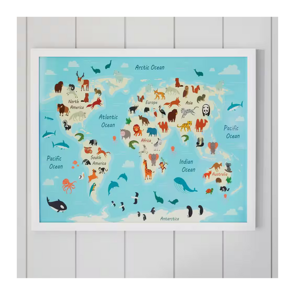 Stylewell Kids World Map White Framed Wall Art