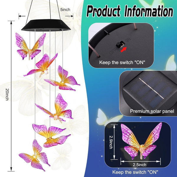 Solar Butterfly Waterproof Multi-Color Light Wind Chimes (Various)