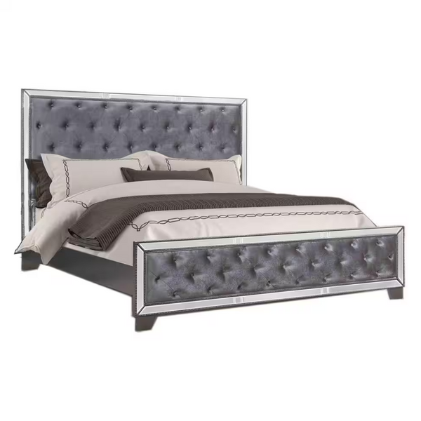 Best Master Furniture Queen Size Tufted Mirrored Upholstered Bed