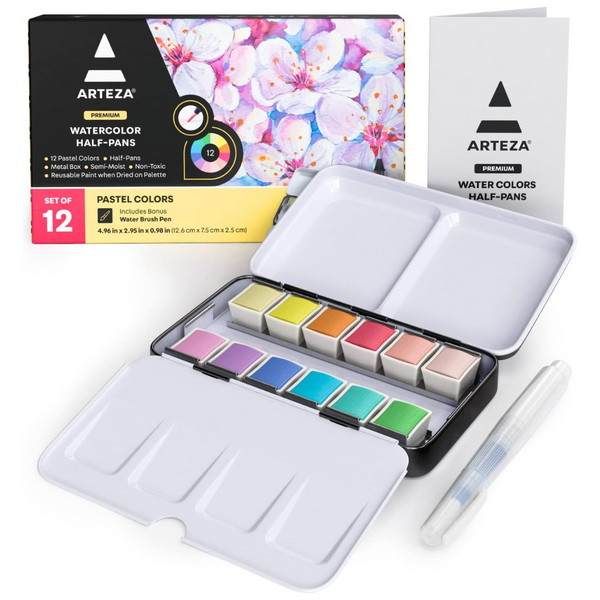 Set Of 12 Pastel Tones Half Pans Watercolor Paint With Brush