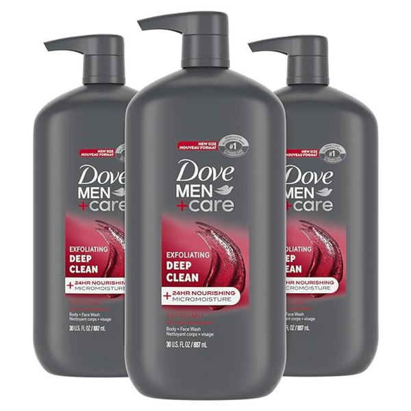 3 Bottles Of DOVE MEN + CARE Body And Face Wash Exfoliating Deep Clean (30 Oz)