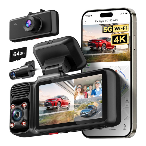 4K 3 Channel Front And Rear And Inside Wi-Fi Dash Cam With 64GB Card