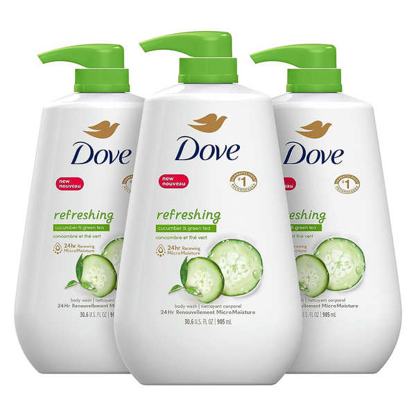 3 Bottles Of Dove Body Wash with Pump Refreshing Cucumber And Green Tea (30.6 Oz Bottles)