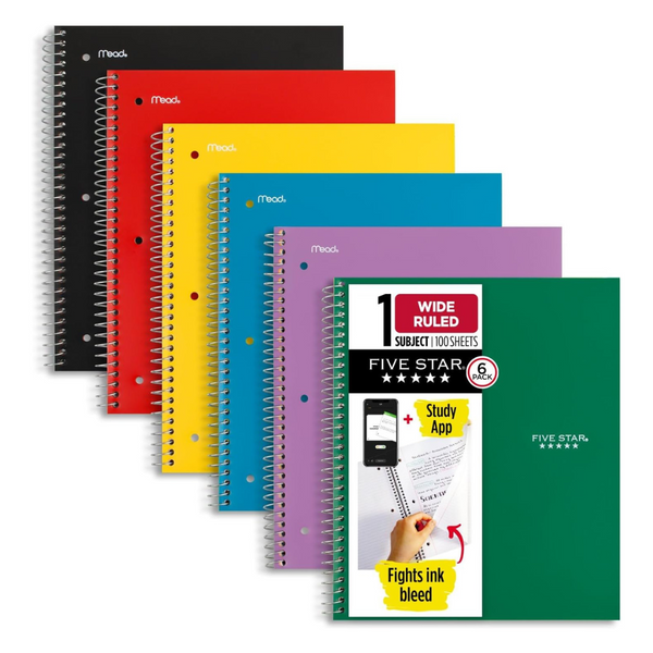 6-Pack Five Star Spiral Notebooks + Study App (8-1/2" x 10", 100 Sheets)