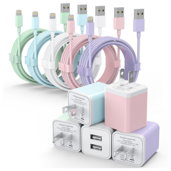 5-Pack Dual Port USB Wall Charger Adapter W/ 6ft Lightning Cable