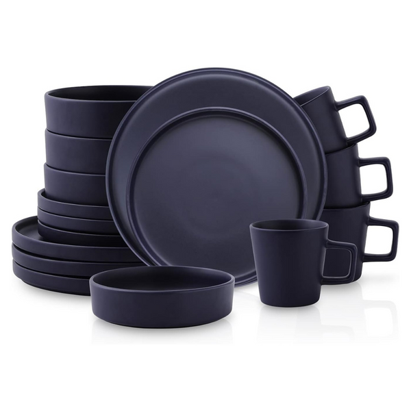 Stone Lain Cleo Modern Stoneware 16-Piece Dinnerware Set, Service For 4, Dark Blue