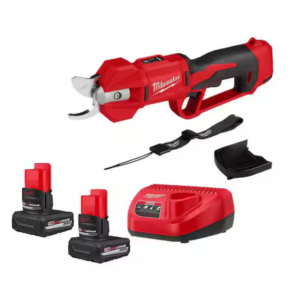 Milwaukee M12 12V Lithium-Ion Cordless Brushless Pruner Shears , Charger + 2-Pack 5.0 Ah High Output Battery