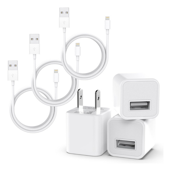 3-Pack USB Wall Charger Adapter W/ 3-Pack MFi Certified Charging Cords