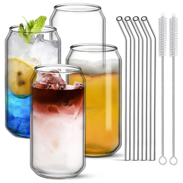 4-Pack 16oz Glass Cups With Straw