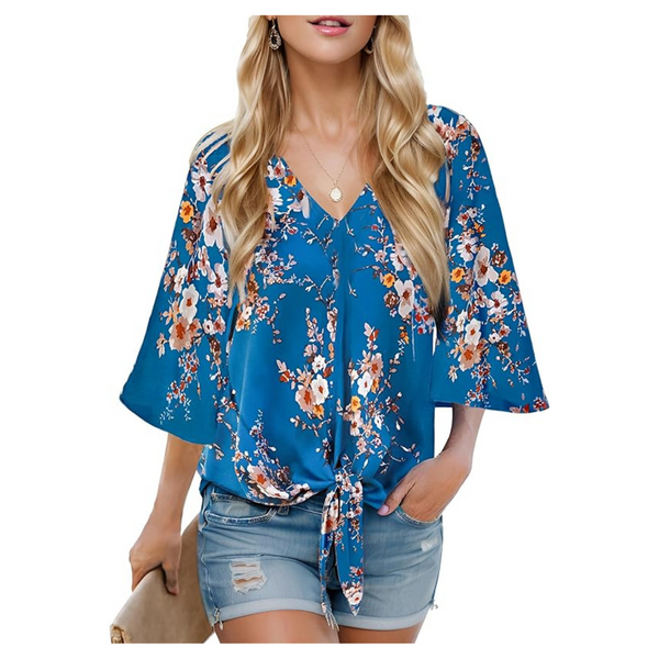 Women's V Neck Front Tie 3/4 Sleeve Bat Wing Boho Tops (Various)