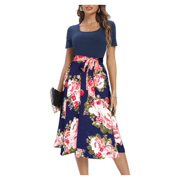 Women's Ribbed Floral Short Sleeve Floral Work Midi Dress