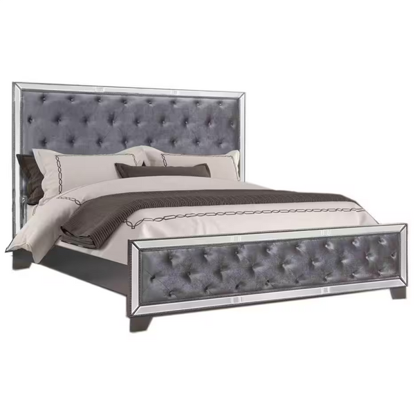 Best Master Furniture Queen Size Tufted Mirrored Upholstered Bed