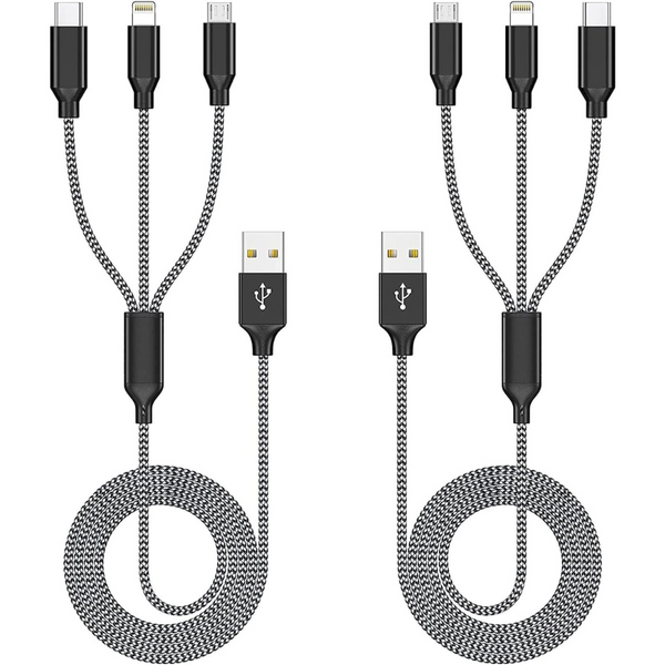 2-Pack 3-in-1 Nylon Braided Lightning Multi USB Cable