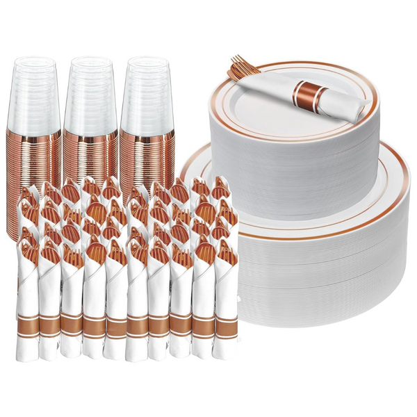 Prestee 350 Pc Disposable Dinnerware Set for 50 Guests With Pre-Rolled Napkins And Cutlery