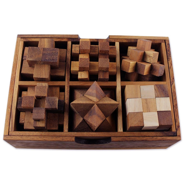 Set Of 6 Novica Brown Hand Crafted Raintree Wood Puzzle Game (Puzzles)