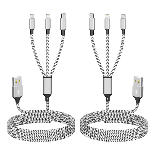 2-Pack 3-In-1 Nylon Braided Universal Multi Charging Cables