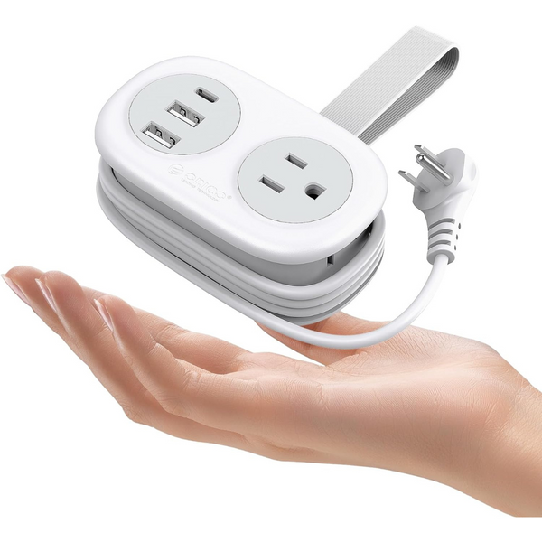 Portable Power Strip Flat Plug With 2 AC Outlets 3 USB Ports