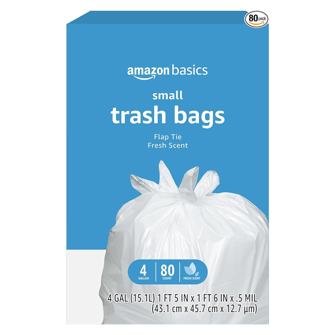 Amazon Basics 4 Gallon Trash Bags, Flap Ties, Fresh Scent (80 Count)