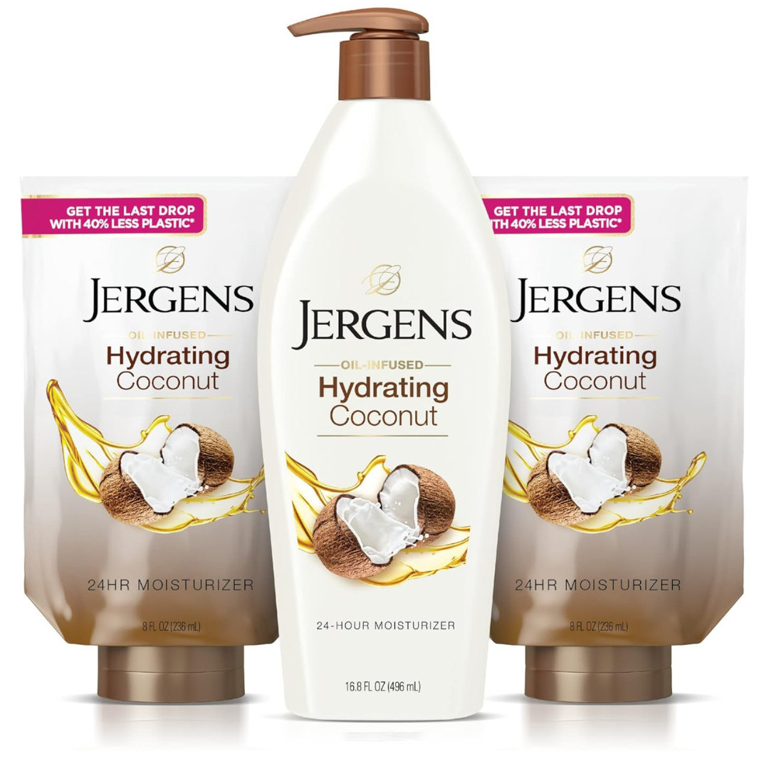 Jergens Coconut Oil-Infused Hand And Body Moisturizer With Hydrating Coconut (16.8 Oz plus 2 – 8 Oz Refills)