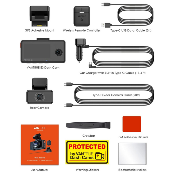 Vantrue E3 2.5K 3 Channel Front and Rear Inside Dash Cam