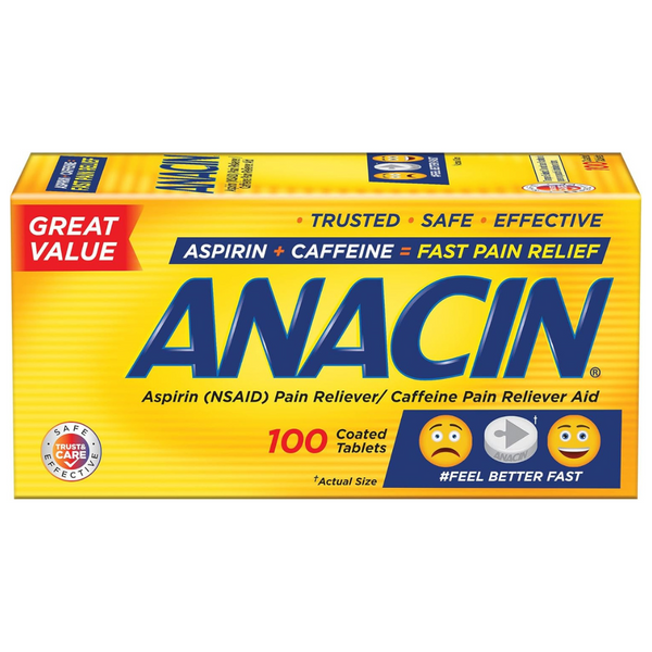 100-Count Anacin Fast Pain Relief, Aspirin + Caffeine Pain Reliever Tablets