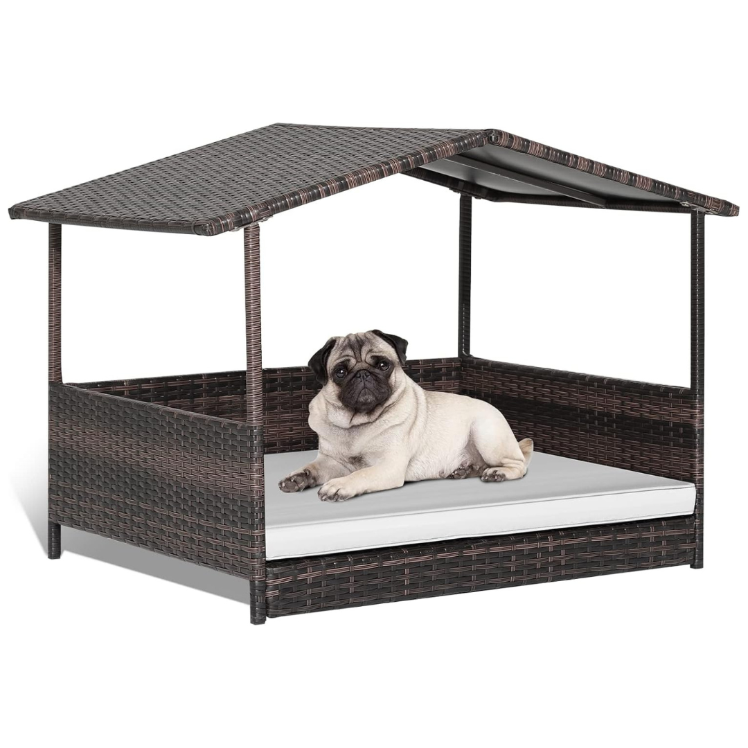 Tangkula Indoor Outdoor Raised Rattan Dog Bed