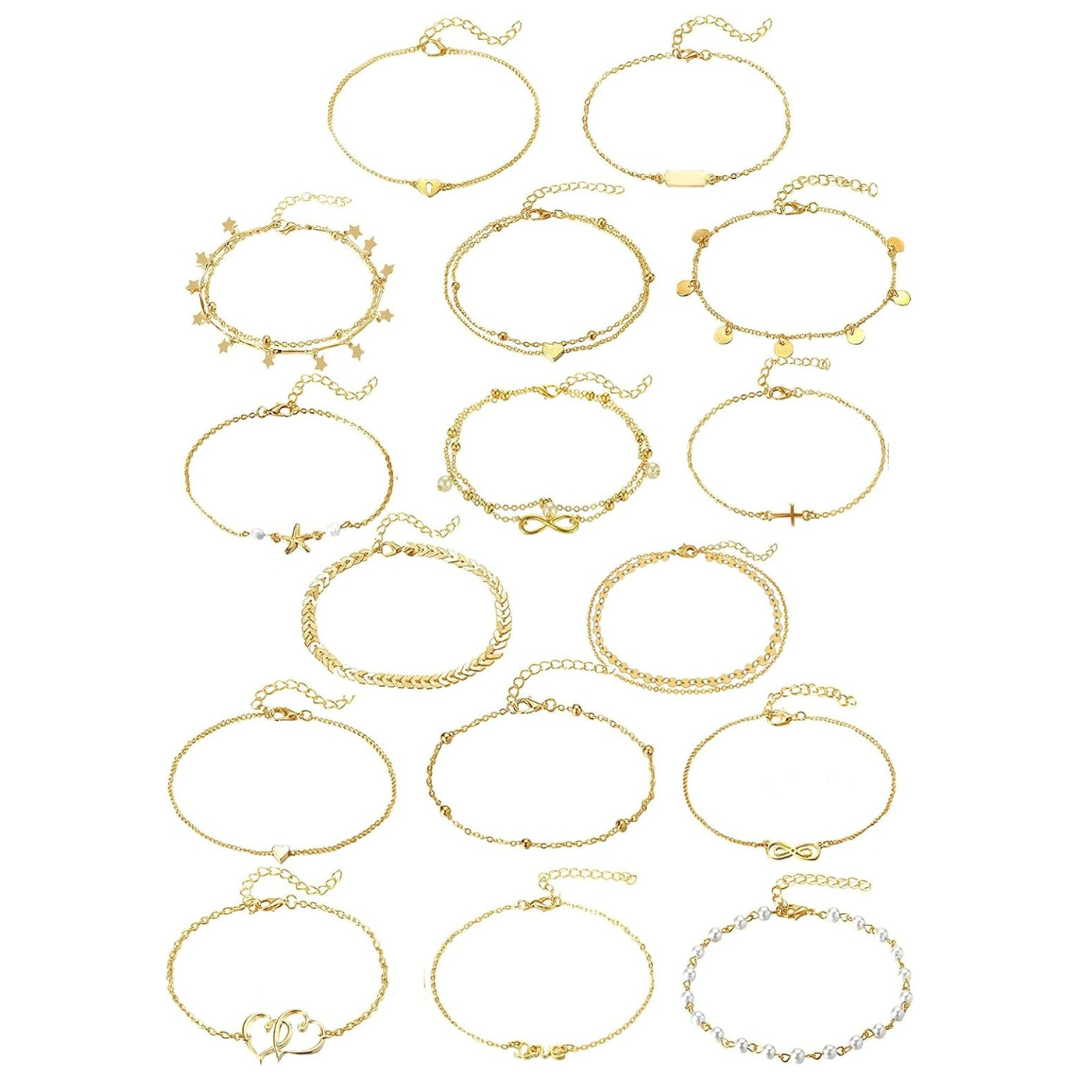 12-Piece Adjustable Boho Layered Silver Gold Ankle Bracelets