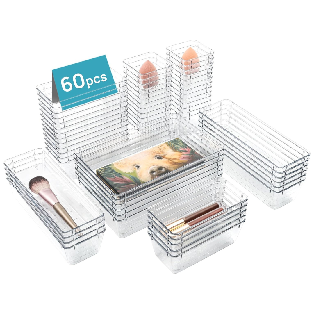 60-Piece 4-Size Clear Plastic Drawer Organizer Bins Containers