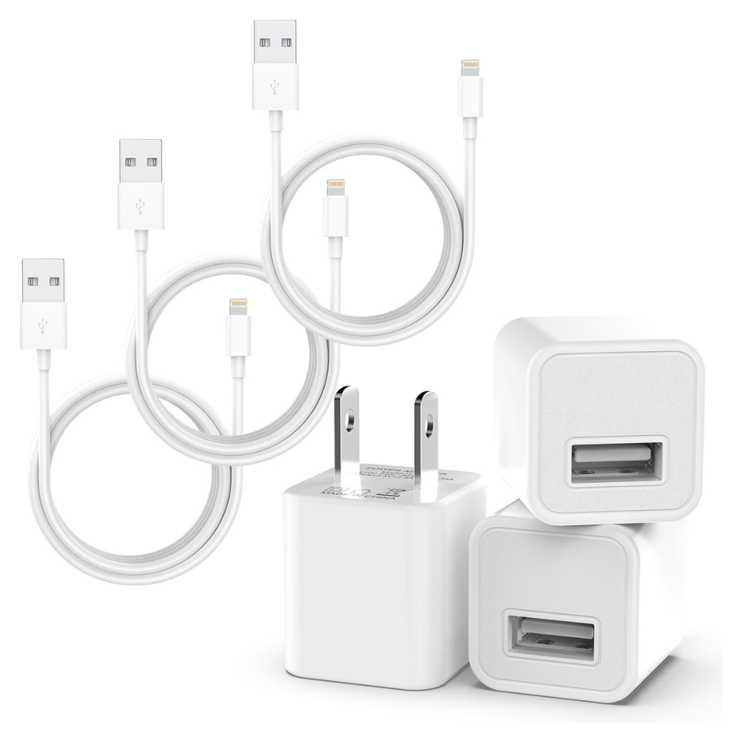 3-Pack USB Wall Charger Adapter W/ 3-Pack MFi Certified Charging Cords