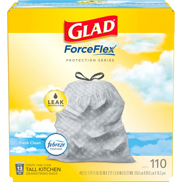 Glad ForceFlex Tall 13 Gallon Kitchen Drawstring Garbage Bags, Fresh Clean Scent with Febreze (110 Ct)