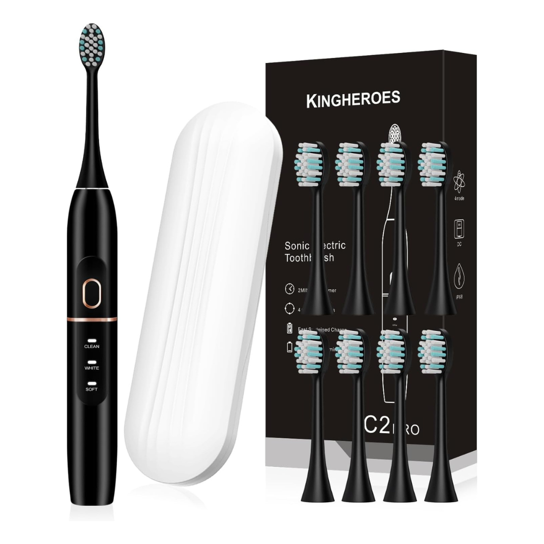 Kingheroes Sonic Electric Toothbrush Set With 8 Brush Heads & Travel Case