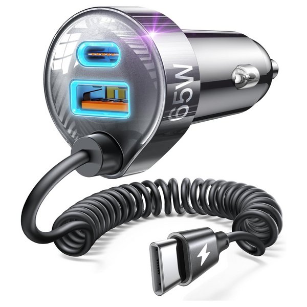 LISEN 65W USB-C Fast Car Charger With 5Ft Coiled USB-C Cable