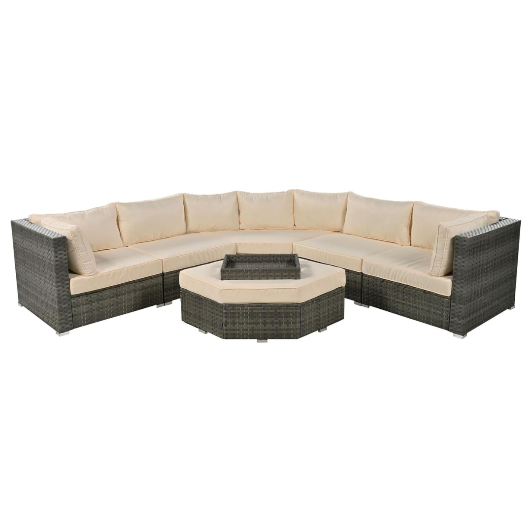 7-Piece Outdoor All Weather Wicker Curved Sectional Sofa Set