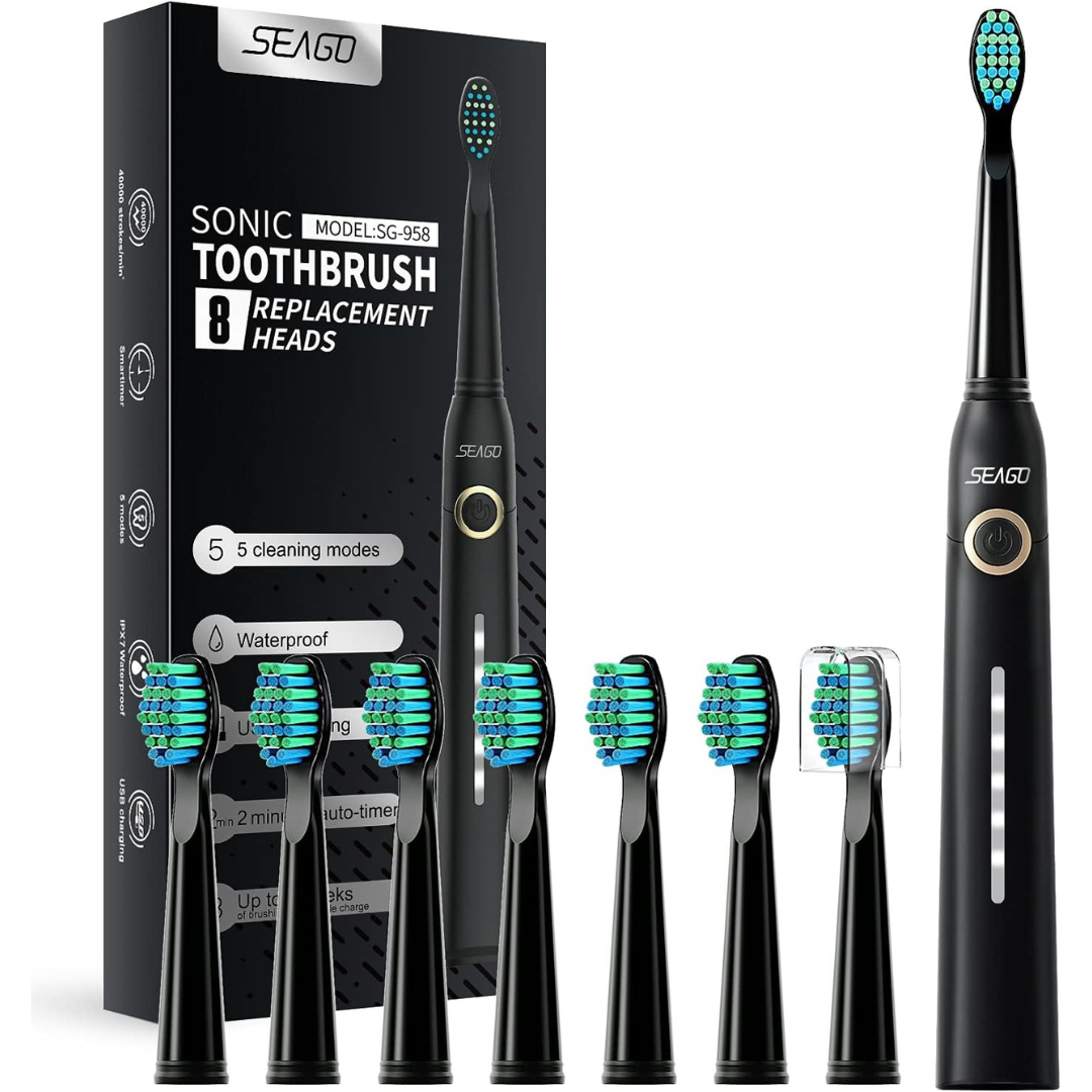 SEAGO Rechargeable Sonic Electric Toothbrush With 8 Brush Heads