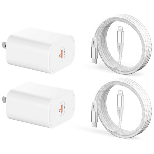 2-Pack 20W PD USB-C Adapter Charger And 6Ft Cables