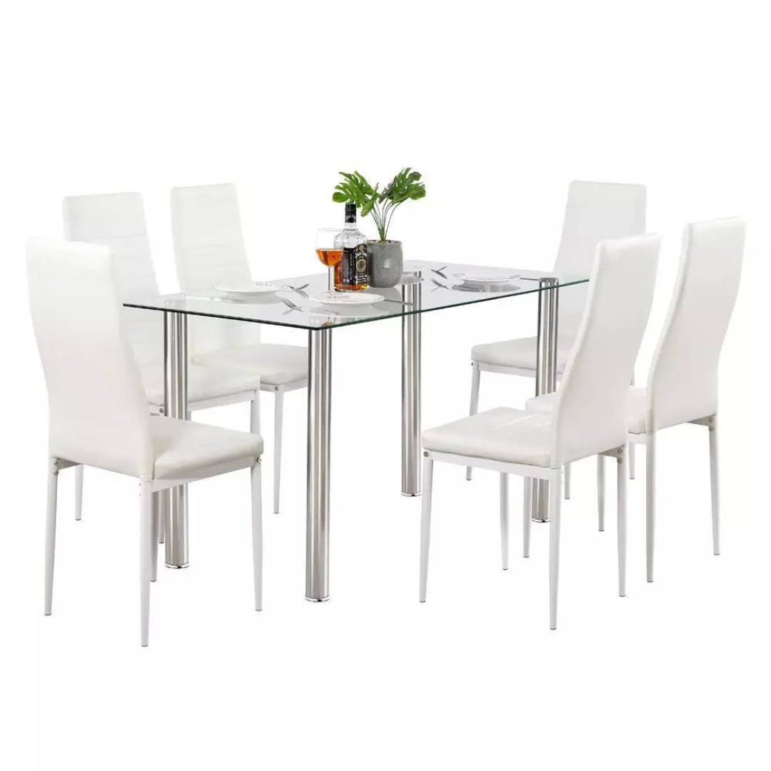 7-Piece Tempered Glass Table & 6 Leather Chairs Dining Set