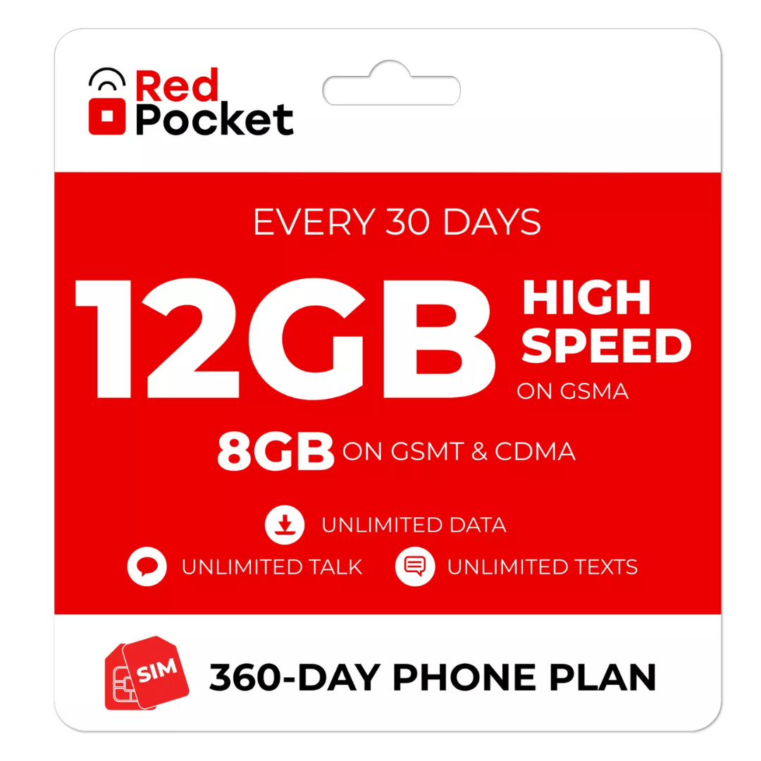 360-Day Red Pocket Prepaid Plan: Unlimited Talk & Text + Up to 12GB LTE / Month