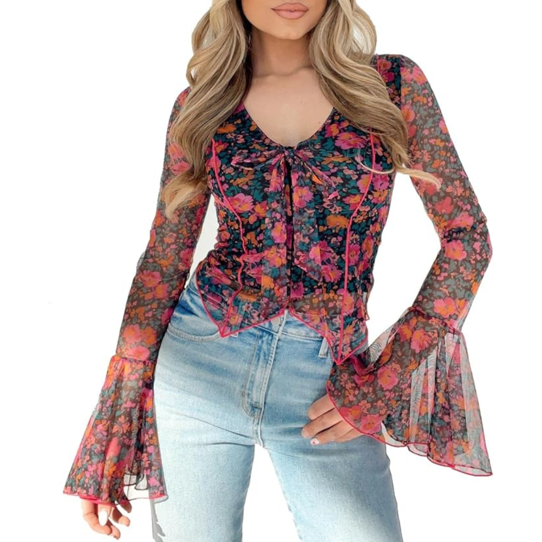 Women's Summer Boho V Neck Floral Mesh Tops