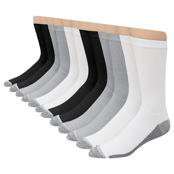 12-Pack Hanes Men's Max Cushioned Crew Socks with Odor Control (Black/White/Gray)