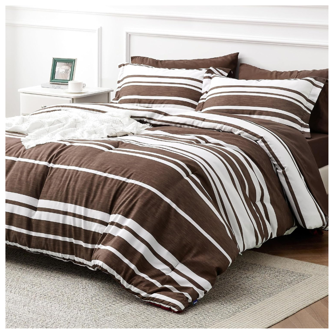 Bedsure Full Size 7-Piece Brown White Striped Bed In Bag, 2 Pillow Shams, Flat Sheet, Fitted Sheet And 2 Pillowcases