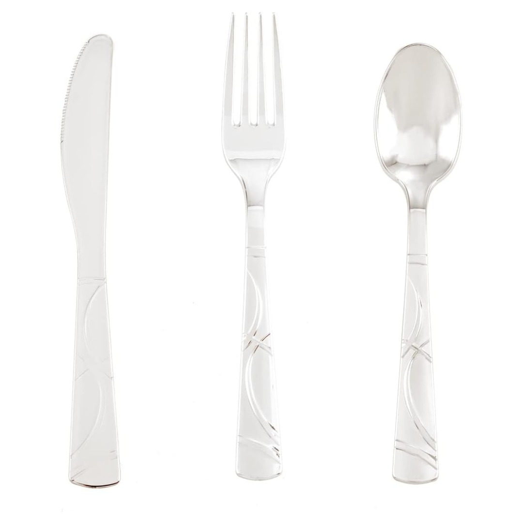 WELLIFE 120 Pcs Silver or Rose Gold Plastic Cutlery Sets