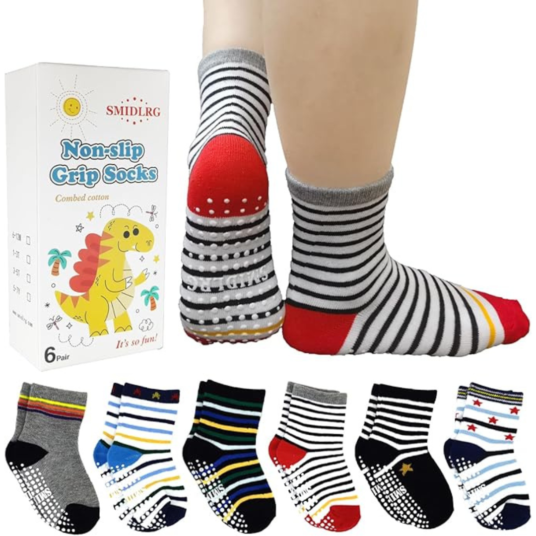 6 Pairs Toddler Grip Crew Socks With Grippers