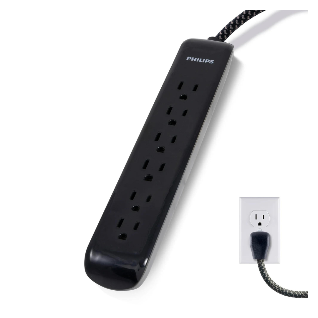 Philips 6-Outlet 1080J, 10ft Braided Cord, Grounded Surge Protector