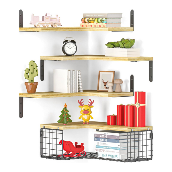 4+1 Floating Corner Shelves With Wire Storage Basket