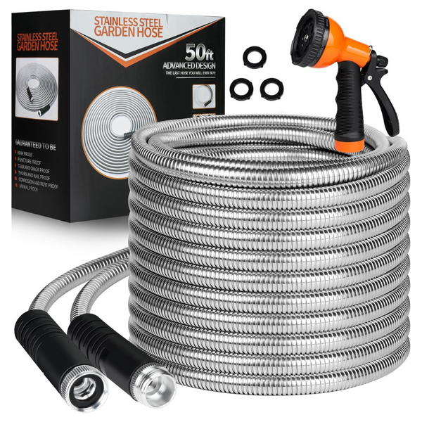 HDKing 50Ft Flexible Metal Garden Hose With 10 Function Nozzle