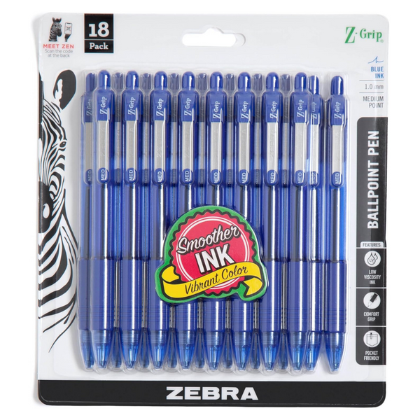 Zebra Pen Z-Grip Retractable Ballpoint Pens, Medium Point, Blue Ink (18-Pack)