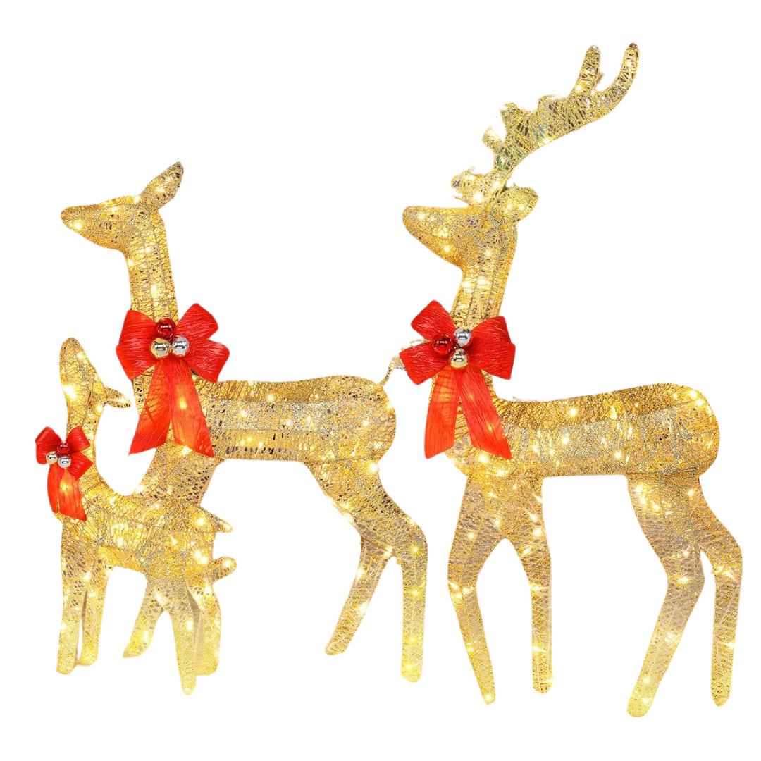 3-Piece Outdoor Large Gold Reindeer Family Lighted Deer Set